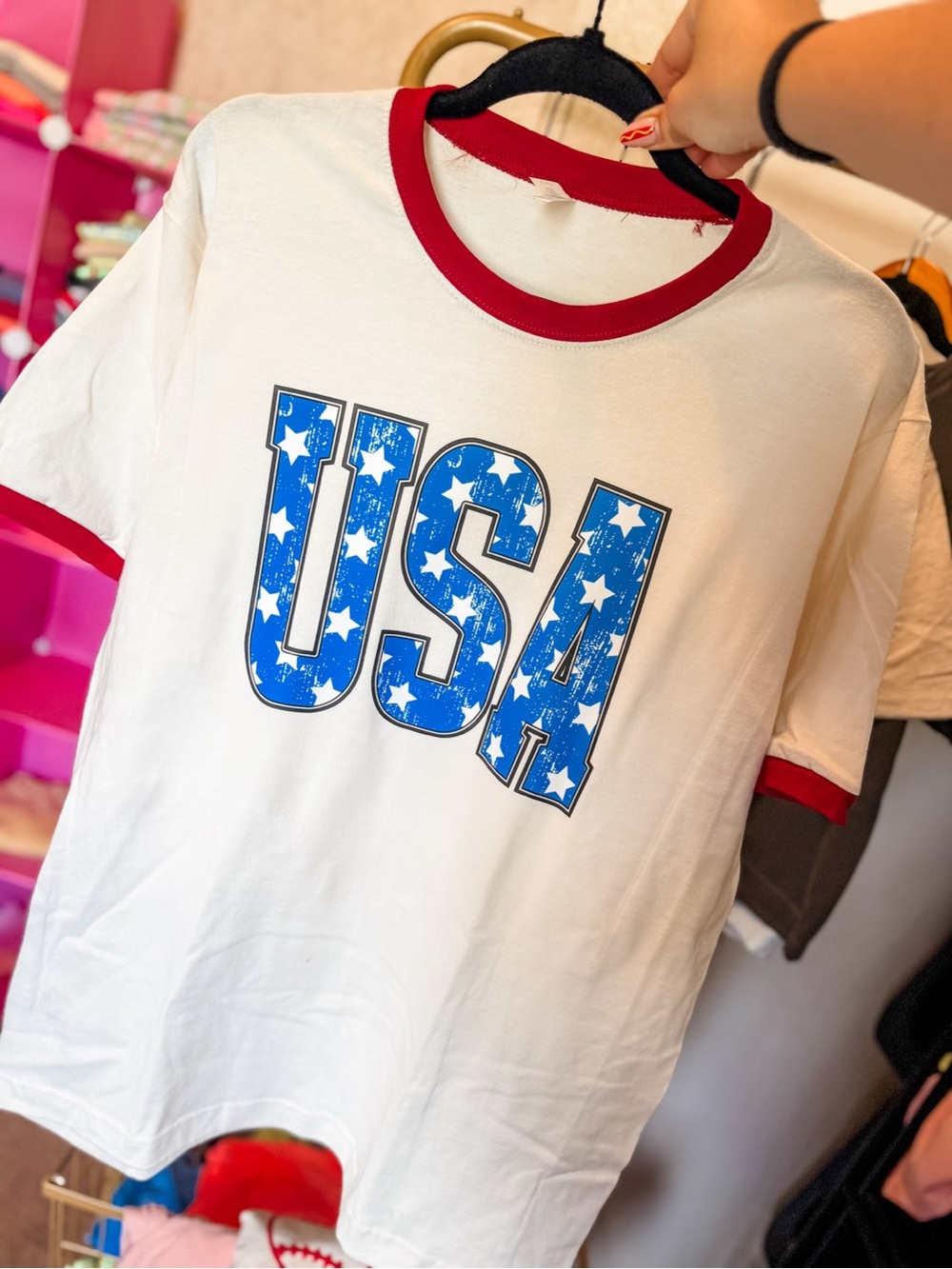 USA Graphic Ringer Tee - White with Blue & Red Trim